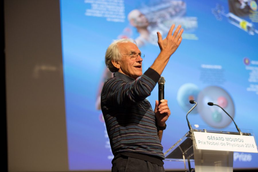 Nobel Prize Winner, Professor Gérard Mourou, Katzenstein Distinguished Lecturer, speaking in 2018 after being awarded the Nobel Prize.